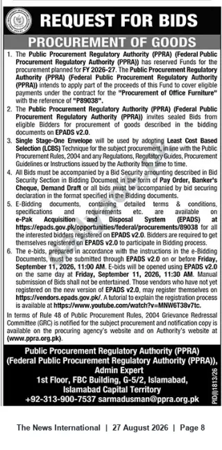 Newspaper clipping: PPRA Request for Bids – Procurement of Office Furniture (Ref: PB9038), The News International, 27 Aug 2026