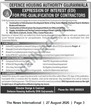 Newspaper clipping: DHA Gujranwala EOI for Pre-Qualification of Contractors — Infrastructure, Street Lighting & Misc Works, The News International, 27 Aug 2026