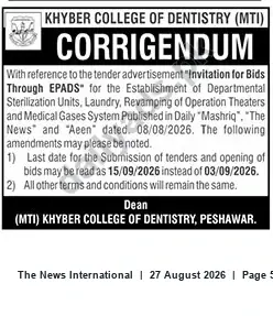 Newspaper clipping: Corrigendum: Tender Deadline Extended for Sterilization Units, Laundry, OTs & Medical Gases — Khyber College of Dentistry, The News International, 27 Aug 2026