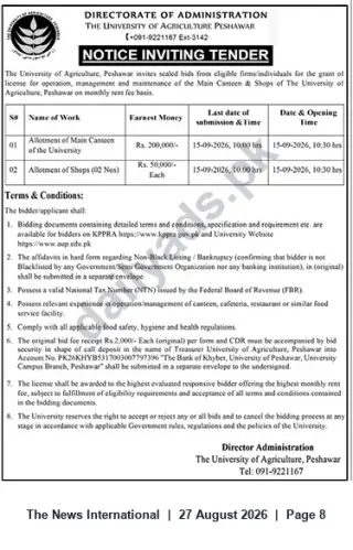 Newspaper clipping: Tender: Allotment of Main Canteen & Shops — The University of Agriculture Peshawar, The News International, 27 Aug 2026