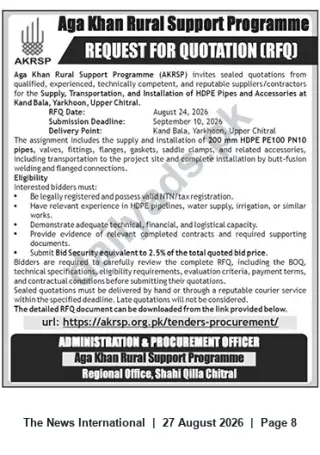 Newspaper clipping: RFQ — Supply, Transportation & Installation of 200 mm HDPE Pipes (Kand Bala, Upper Chitral) — AKRSP, The News International, 27 Aug 2026
