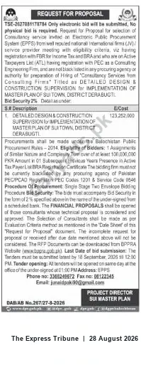 Newspaper clipping: RFP: Detailed Design & Construction Supervision for Master Plan of Sui Town, Dera Bugti, The Express Tribune, 28 Aug 2026