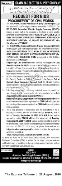 Newspaper clipping: IESCO Request for Bids – Procurement of Civil Works (Single Stage One Envelope), The Express Tribune, 28 Aug 2026