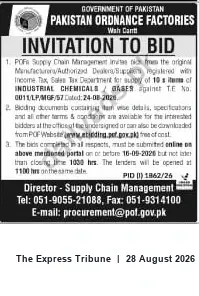 Newspaper clipping: POF Wah Cantt Invitation to Bid for Industrial Chemicals / Gases (TE No. 0011/L.P/MGF/57), The Express Tribune, 28 Aug 2026