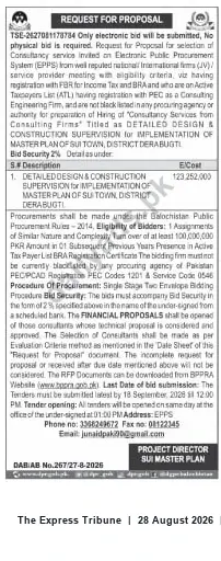 Newspaper clipping: RFP: Detailed Design & Construction Supervision for Sui Town Master Plan (Dera Bugti), The Express Tribune, 28 Aug 2026