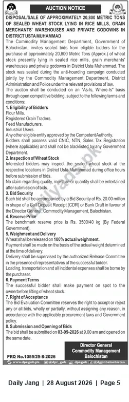 Newspaper clipping: Auction: Sale of Approx. 20,800 MT Sealed Wheat Stock in Usta Muhammad, Balochistan, Jang, 28 Aug 2026