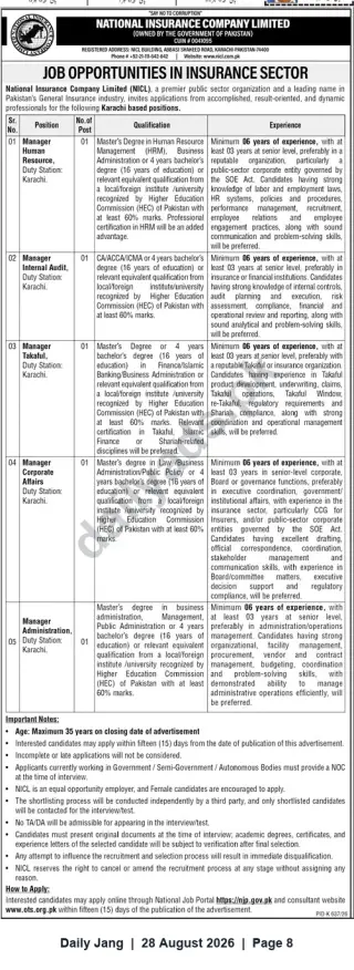 Newspaper clipping: NICL Karachi — Manager Vacancies: HR, Internal Audit, Takaful, Corporate Affairs & Administration, Jang, 28 Aug 2026