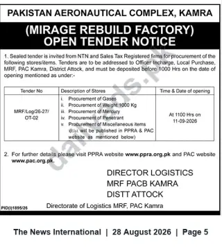 Newspaper clipping: PAC Kamra (Mirage Rebuild Factory) Open Tender for Procurement of Gases, Mercury and Miscellaneous Items, The News International, 28 Aug 2026
