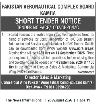 Newspaper clipping: PAC Kamra Tender: Renovation & Fabrication of PAC Stall (Tender No. PACB/1602/DEPO/MC), The News International, 28 Aug 2026