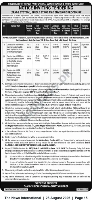 Newspaper clipping: C&W Division South Waziristan Upper — Invitation to Tender for BT Road Construction, Rehabilitation & Widening, The News International, 28 Aug 2026