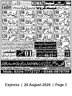 Newspaper clipping: Recruitment — New Gondal Manpower Bureau (Kuwait), Express, 28 Aug 2026