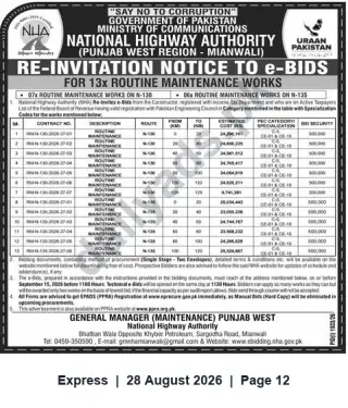 Newspaper clipping: NHA Punjab West (Mianwali) Re-Invitation to e-Bids for 13 Routine Maintenance Works (N-130 & N-135), Express, 28 Aug 2026