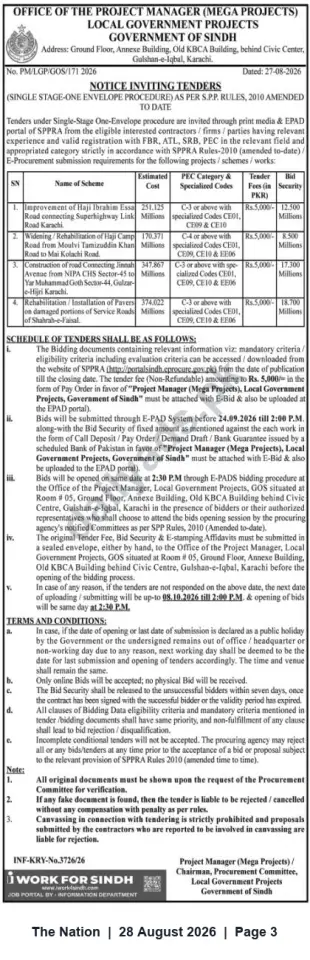 Newspaper clipping: Government of Sindh — Notice Inviting Tenders for Local Government Road & Rehabilitation Works (PM/LGP/GOS/171/2026), The Nation, 28 Aug 2026