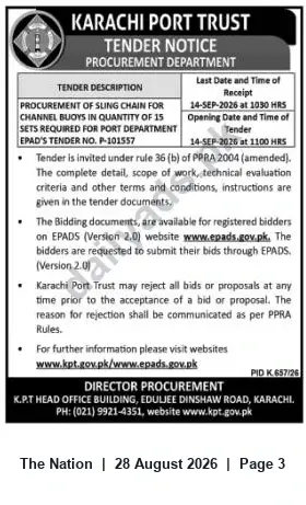 Newspaper clipping: Karachi Port Trust Tender: Sling Chain for Channel Buoys (15 Sets) — P-101557, The Nation, 28 Aug 2026