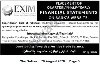 Newspaper clipping: EXIM Bank of Pakistan Posts Quarterly / Half‑Year Financial Statements (Period ended 2026-06-30), The Nation, 28 Aug 2026