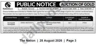 Newspaper clipping: MobilinkBank Public Notice — Gold Auction at Narowal Branch on 2026-08-31, The Nation, 28 Aug 2026