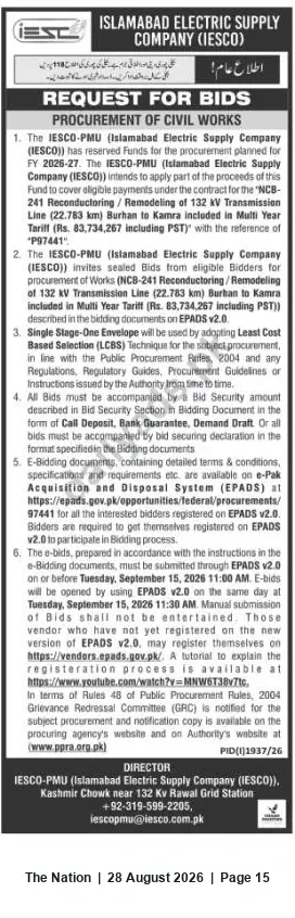 Newspaper clipping: IESCO (PMU) Tender: NCB-241 Reconductoring/Remodelling of 132 kV Transmission Line (Burhan–Kamra), The Nation, 28 Aug 2026