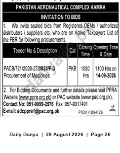 Newspaper clipping: PAC Kamra Invitation to Bid — Procurement of Medicines (Tender PACB/721/2026-27/0834/P-3), Dunya, 28 Aug 2026