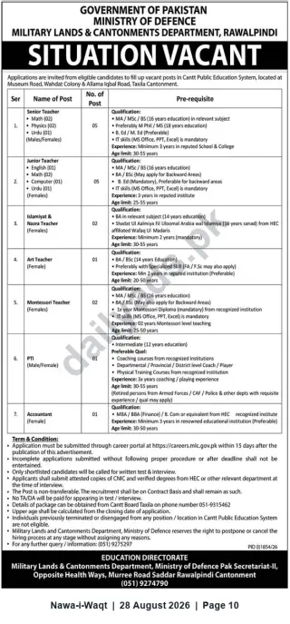 Newspaper clipping: Teaching & Support Vacancies — Cantt Public Education System (Taxila & Wahdat Colony) — Military Lands & Cantonments Department, Nawa-i-Waqt, 28 Aug 2026