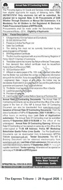 Newspaper clipping: Annual Rate Contract Notice – Motor Transport (SSP), Quetta, Balochistan, The Express Tribune, 29 Aug 2026