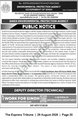 Newspaper clipping: SEPA Public Hearing Notice — EIA for Sindh Coastal Resilience Sector Project (Thatta, Sujawal, Badin) — Hearing 2026-09-11, The Express Tribune, 29 Aug 2026
