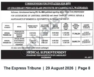 Newspaper clipping: Corrigendum: Tenders for Janitorial Outsourcing & Biomedical Equipment Maintenance — Chaudhary Pervaiz Elahi Institute of Cardiology, Wazirabad, The Express Tribune, 29 Aug 2026