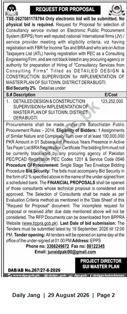 Newspaper clipping: RFP: Detailed Design & Construction Supervision for Implementation of Master Plan — Sui Town, District Dera Bugti, Jang, 29 Aug 2026