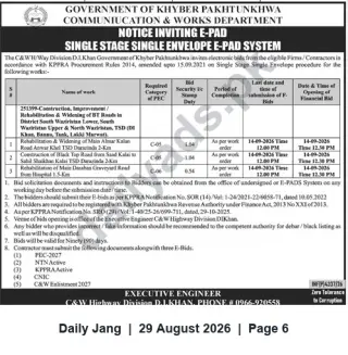 Newspaper clipping: C&W Highway Division D.I. Khan Invites E‑Bids for BT Road Construction, Improvement and Rehabilitation Works, Jang, 29 Aug 2026