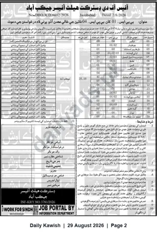 Newspaper clipping: District Health Office Jacobabad — Multiple Vacancies (BPS) — Apply to DHO Jacobabad, Daily Kawish, 29 Aug 2026