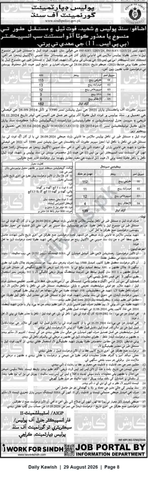 Newspaper clipping: Sindh Police Recruitment (BPS-11) – Quota Vacancies for Shaheed/Disabled/Ex-Servicemen, Daily Kawish, 29 Aug 2026
