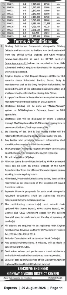 Newspaper clipping: Executive Engineer Highway Division District Khyber — Tender Terms & Conditions for Road Works, Express, 29 Aug 2026