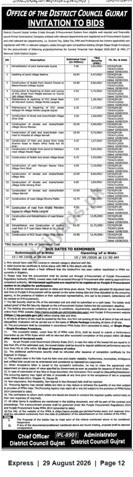 Newspaper clipping: District Council Gujrat — Invitation to Bids for 21 Development Works (FY 2026-27), Express, 29 Aug 2026