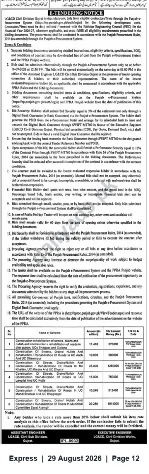 Newspaper clipping: LG&CD Civil Division Gujrat — E‑Tender Notice for Multiple Road and Drain Rehabilitation Works, Express, 29 Aug 2026