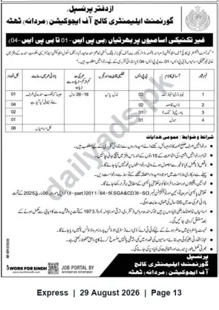 Newspaper clipping: Non-Technical Vacancies (BPS-01 to BPS-04) – Government Elementary College of Education (Male), Thatta, Express, 29 Aug 2026