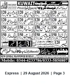 Newspaper clipping: New Gondal Manpower Bureau — Kuwait (First Group) Recruitment, Express, 29 Aug 2026