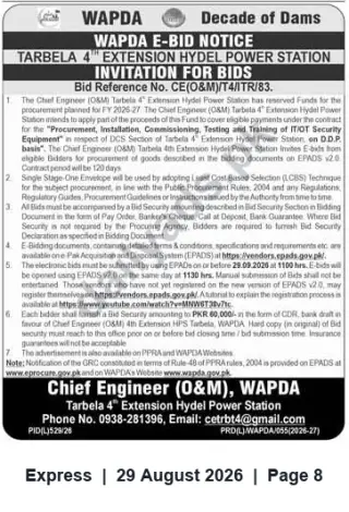 Newspaper clipping: WAPDA Tarbela 4th Extension Hydel Power Station — E-Bid for IT/OT Security Equipment (Bid Ref: CE(O&M)/T4/ITR/83), Express, 29 Aug 2026