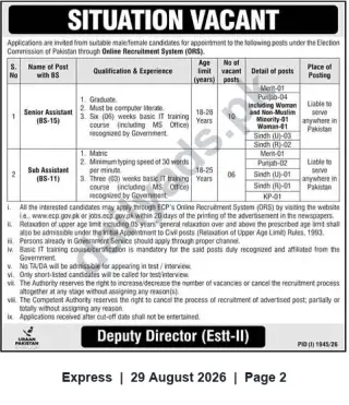 Newspaper clipping: Election Commission of Pakistan Careers – Senior Assistant (BS-15) & Sub Assistant (BS-11) via ORS, Express, 29 Aug 2026