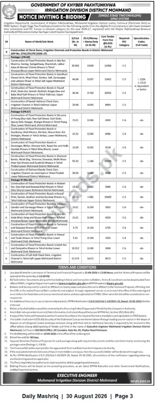 Newspaper clipping: Irrigation Division Mohmand — E-Bidding Notice for Flood Protection, Check Dams & Irrigation Works (ADP 2026-27), Daily Mashriq, 30 Aug 2026