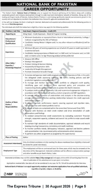 Newspaper clipping: Unit Head / Regional Executive - Credit (VP) — National Bank of Pakistan (Sukkur), The Express Tribune, 30 Aug 2026