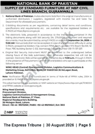 Newspaper clipping: NBP Tender: Supply of Standard Furniture for Civil Lines Branch, Gujranwala, The Express Tribune, 30 Aug 2026