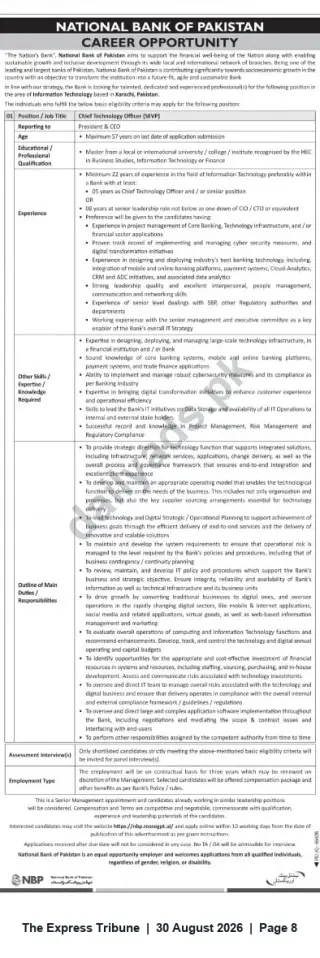 Newspaper clipping: National Bank of Pakistan – Chief Technology Officer (SEVP) – Karachi, The Express Tribune, 30 Aug 2026