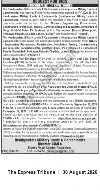 Newspaper clipping: Request for Bids: Procurement of Civil Works — Headquarters Military Lands & Cantonments, The Express Tribune, 30 Aug 2026