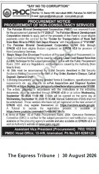 Newspaper clipping: PMDC Procurement Notice — Non-Consultancy Services (Transportation of Rock Ball), The Express Tribune, 30 Aug 2026
