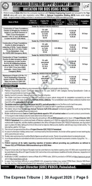 Newspaper clipping: FESCO Invitation for E-Bids (E-PADS) — Tower Works & Maintenance, Faisalabad, The Express Tribune, 30 Aug 2026