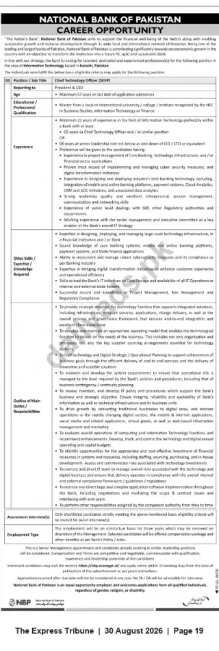 Newspaper clipping: National Bank of Pakistan Seeks Chief Technology Officer (SEVP) – Karachi, The Express Tribune, 30 Aug 2026