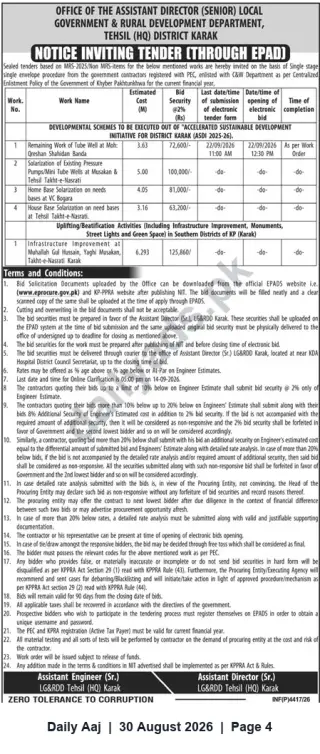 Newspaper clipping: Tender Notice: Development & Solarization Works — Office of Assistant Director (Sr.), LGR&RD, Tehsil (HQ) Karak, Daily Aaj, 30 Aug 2026