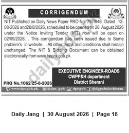 Newspaper clipping: Corrigendum: Tender Opening Date Revised to 2026-09-02 — Executive Engineer (Roads), CWPP&H, Sherani, Jang, 30 Aug 2026