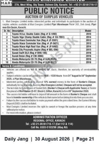 Newspaper clipping: Auction of Surplus Vehicles — Mari Energies Limited (Karachi) — Bids by 2026-09-09, Jang, 30 Aug 2026