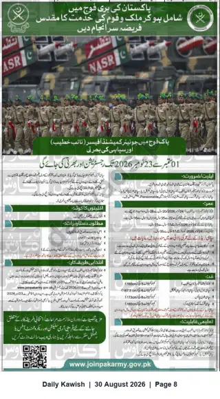 Newspaper clipping: Pakistan Army Recruitment – Junior Commissioned Officers (Naib Khateeb) & Soldiers (Sepoy) – Apply by 2026-11-23, Daily Kawish, 30 Aug 2026
