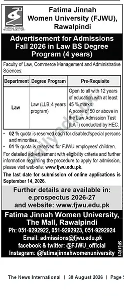 Newspaper clipping: Fatima Jinnah Women University Rawalpindi – Fall 2026 BS (Law) Admissions (4‑Year), The News International, 30 Aug 2026